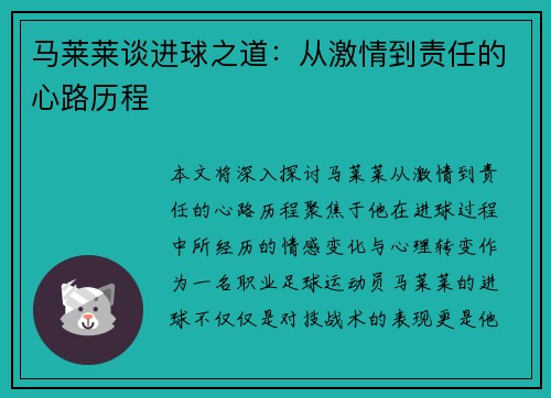 马莱莱谈进球之道:从激情到责任的心路历程 马莱莱谈进球之道:从激情到责任的心路历程
