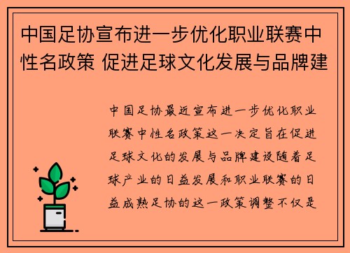 中国足协宣布进一步优化职业联赛中性名政策 促进足球文化发展与品牌建设 中国足协宣布进一步优化职业联赛中性名政策 促进足球文化发展与品牌建设