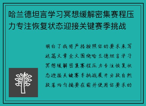 哈兰德坦言学习冥想缓解密集赛程压力专注恢复状态迎接关键赛季挑战 哈兰德坦言学习冥想缓解密集赛程压力专注恢复状态迎接关键赛季挑战