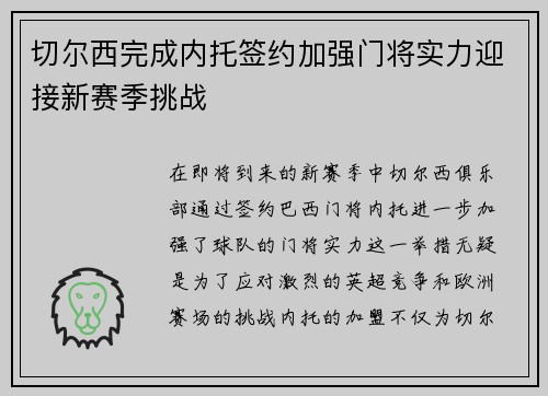 切尔西完成内托签约加强门将实力迎接新赛季挑战