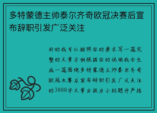 多特蒙德主帅泰尔齐奇欧冠决赛后宣布辞职引发广泛关注