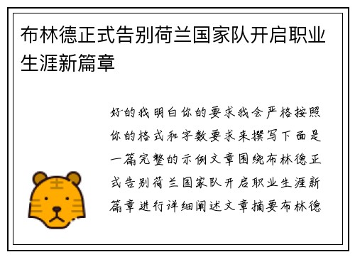 布林德正式告别荷兰国家队开启职业生涯新篇章